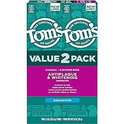 Tom's of Maine Fluoride-Free Antiplaque & Whitening Natural Toothpaste, Peppermint, 5.5 oz. 2-Pack Packaging May Vary