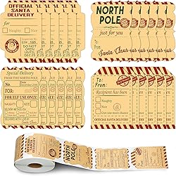300 Pieces Christmas Tag Stickers 2 x 3 Inch Adhesive Kraft Paper Present Labels Assorted Present Wrap Stickers Decorative Christmas Stickers for Holiday DIY Seals Cards Present Decor, 4 Designs