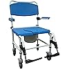 Drive Medical NRS185008 Bariatric Aluminum Rehab Shower Commode Chair with Two Rear-Locking Casters, Blue and White