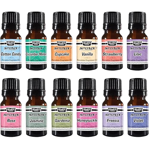 Top Fragrance Oil Gift Set - Best 12 Scented Perfume Oil - Cotton Candy, Cucumber Melon, Freesia, Cupcake, Gardenia, Honeysuckle, Jasmine, Lilac, Rose, Strawberry, Vanilla, Violet - 10 mL by Sponix