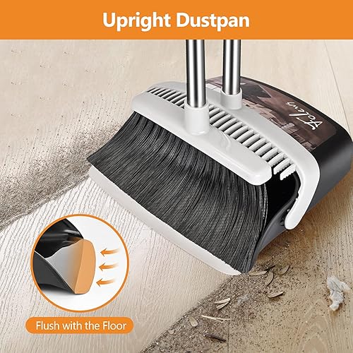 Broom and Dustpan Set, Dust Pan and Broom with Long Handle Heavy Duty Broom Dustpan Combo for Home Kitchen Office Indoor Outdoor Sweeping 55 Inch Broom for Floor Cleaning Standing Dustpan with Teeth