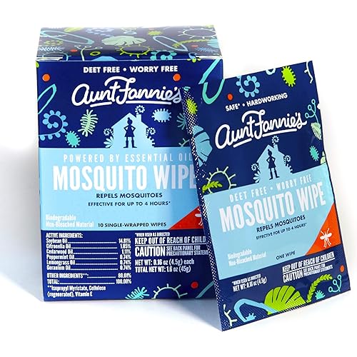 Aunt Fannie's Mosquito Wipes, Individually Wrapped Wipes for IndoorOutdoor Protection Single Pack, 10 Wipes