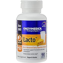 Enzymedica Lacto, Maximum Strength Formula for Dairy Intolerance, With Enzymes Lactase and Protease, Relieves Digestive Discomfort, 90 capsules 90 servings