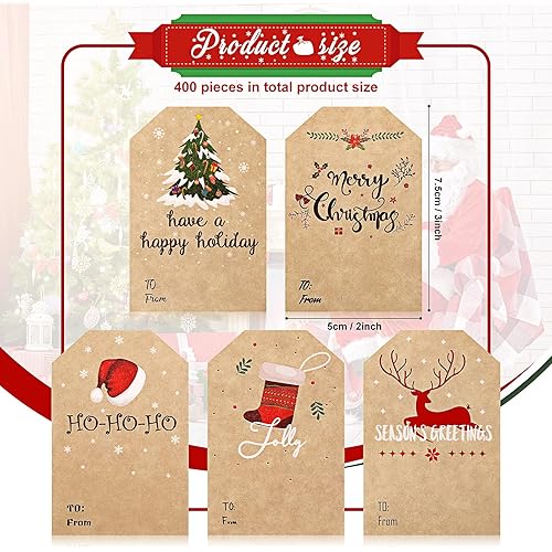 400 Pieces Christmas Stickers Adhesive Christmas Kraft Labels Christmas Name Tags for Xmas Seals Cards Present Party Favor Decorations, 3 x 2 Inch Christmas Tags, 5 Designs