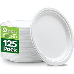 100% Compostable 9 Inch Heavy-Duty [125-Pack] Eco-Friendly Disposable White Bagasse Plate, Made of Natural Sugarcane Fibers - 9 Biodegradable Paper Plates by Stack Man