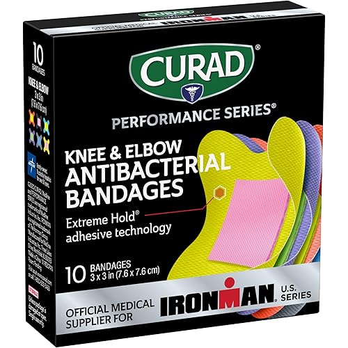 Curad Performance Series Ironman Knee and Elbow Antibacterial Bandages, Extreme Hold Adhesive Technology, Fabric Bandages, 10 Count
