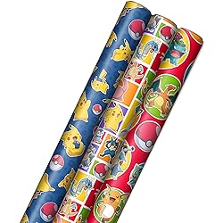 Hallmark Pokémon Wrapping Paper with Cutlines on Reverse 3 Rolls: 60 Sq. Ft. Ttl with Pikachu, Charmander, Bulbasaur for Birthdays, Kids Parties, Gamers, Christmas Gifts