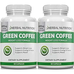 BOGO Pure Green Coffee Bean Extract, Two Bottle Pack, 120 Capsules, Multi-Level Dosing 400mg - 1200mg Per Serving, 50% Chlorogenic Acid. Weight Loss & Cleanse Supplement
