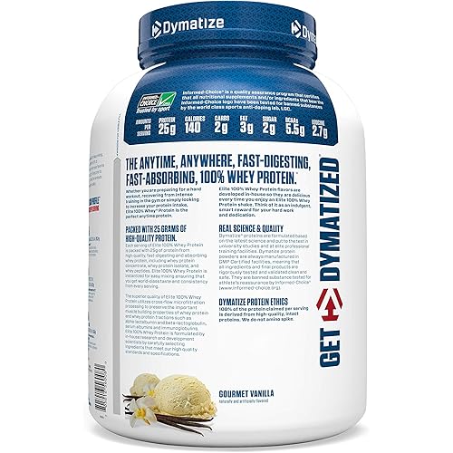 Dymatize Elite 100% Whey Protein Powder, 25g Protein, 5.5g BCAAs & 2.7g L-Leucine, Quick Absorbing & Fast Digesting for Optimal Muscle Recovery, Gourmet, 5 Pound Vanilla 80 Ounce