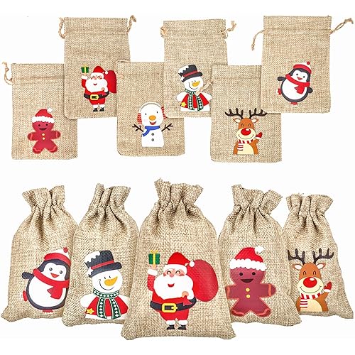 DERAYEE 36Pcs Christmas Jute Burlap Gift Bags with Drawstring, Small Craft Canvas Goodie Bags for Xmas Party Wedding Supplies 10 15 CM