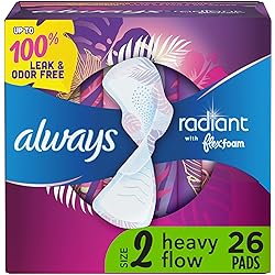 Always Radiant Pads, Size 2, Heavy Flow Absorbency, Light Clean Scent, 26 Count Pack of 3