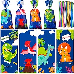 100 PCS Dinosaur Cellophane Bags Dinosaur Party Favor Gift Bags with Ties Blue Pink Dinosaur Goodie Bags Dino Birthday Party Treat Candy Decorations Boys Girls Baby Shower Party SuppliesVivid Style