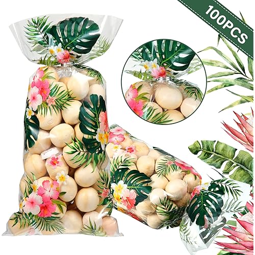 Geyee 100 pcs Hawaiian Luau Cellophane Treat Bags,Summer Tropical Aloha Themed Candy Bags Palm Leaves Hibiscus Goodie Bags with 100 Silver Twist Ties for Kids Birthday Party Favor Bag,Clear,10.8x5 in