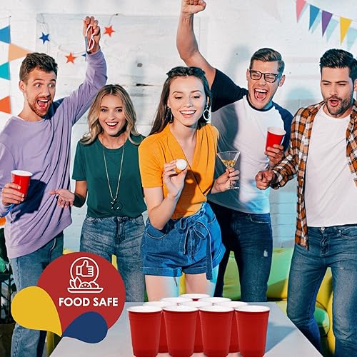 PAMI Red Plastic Party Cups [Pack of 50] - 16oz Disposable Drinking Glasses- Easy Grip Plastic Glasses For Iced Tea, Smoothies, Punch, Cocktails & Cold Drinks- Beer Beerpong Cups In Resealable Bag