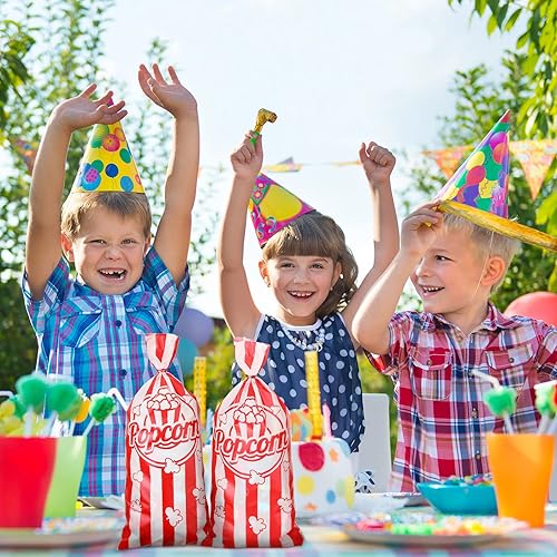250 Pcs Popcorn Bags for Party, Popcorn Treat Bags Set, 100 Pcs Cellophane Candy Bags Red White Stripe Cookie Snacks Bags with 150 Red Twist Ties for Circus Carnival Birthday Party Favor Strip Style