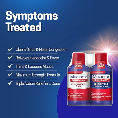 Severe Congestion & Pain Relief, Mucinex Sinus-Max Max Strength, 12oz 2x6oz Clears Sinus & Nasal Congestion, Relieves Headache & Fever, Thins & Loosens Mucus
