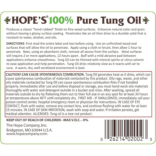 Hope's 100% Pure Tung Oil, Waterproof Natural Wood Finish and Sealer, 32 Fl Oz