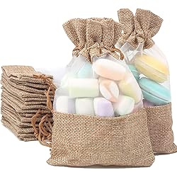 DERAYEE Drawstring Burlap Organza Bags, 5 x 7 Inch See Through Window Linen Jewelry Pouches for Wedding Party Favors 12-Pack