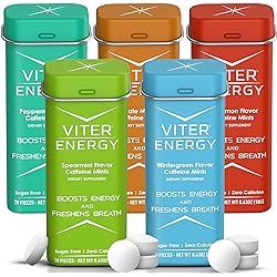Viter Energy Caffeinated Mints - 5 Flavor Variety Pack. 40mg Caffeine, B Vitamins, Sugar Free Vegan Breath Mint. Powerful Energizing Boost. 2 Energy Mints Replace 1 Coffee, Gum, Chews, Gummies, Candy