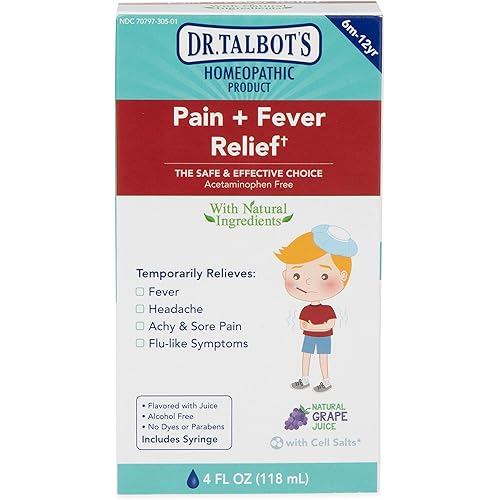 Dr. Talbot's Pain Fever Relief Liquid Medicine with Natural Ingredients for Children, Includes Syringe, Grape Juice Flavor, 4 Fl Oz