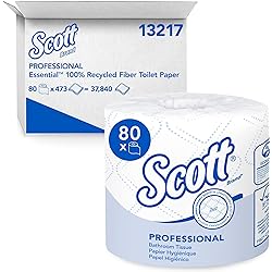 Scott Essential Professional 100% Recycled Fiber Bulk Toilet Paper for Business 13217, 2-PLY Standard Rolls, White, 80 Rolls Case, 506 Sheets Roll Packaging may vary
