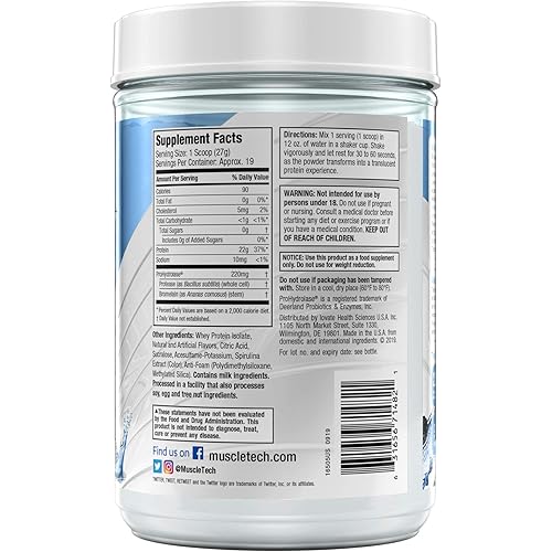 Whey Protein Powder | MuscleTech Clear Whey Protein Isolate | Whey Isolate Protein Powder for Women & Men | Clear Protein Drink | 22g of Protein, 90 Calories | Lemon Berry Blizzard, 1.1lb19 Servings