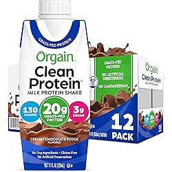 Orgain Grass Fed Clean Protein Shake, Creamy Chocolate Fudge - 20g of Protein, Meal Replacement, Ready to Drink, Gluten Free, Soy Free, Kosher, Packaging May Vary, 11 Fl Oz Pack of 12