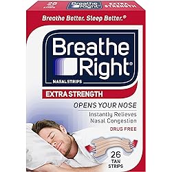Breathe Right Nasal Strips, Extra Strength, Tan Nasal Strips, Help Stop Snoring, Drug-Free Snoring Solution & Instant Nasal Congestion Relief Caused by Colds & Allergies, 26 Count Packaging May Vary