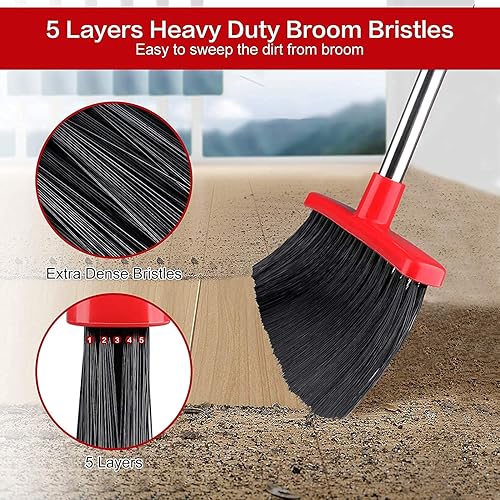 Large Broom and Dustpan, Broom and Dustpan Set, Heavy Duty Dust Pan with 55" Long Handle Upright Dustpan Broom Set, Broom for Indoor Outdoor Garage Kitchen Room Office Lobby Use Black and Red