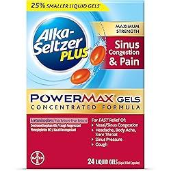 Alka-Seltzer Plus Maximum Strength PowerMax Sinus Congestion and Pain Liquid Gels with Pain Reliever, Fever Reducer, Cough Suppressant, Nasal Decongestant, Cold Medicine, 24 count