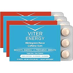 Viter Energy Caffeinated Gum 60mg Caffeine, B Vitamins, Guarana, Sugar Free. Variety, 12pcs, 4 Pack