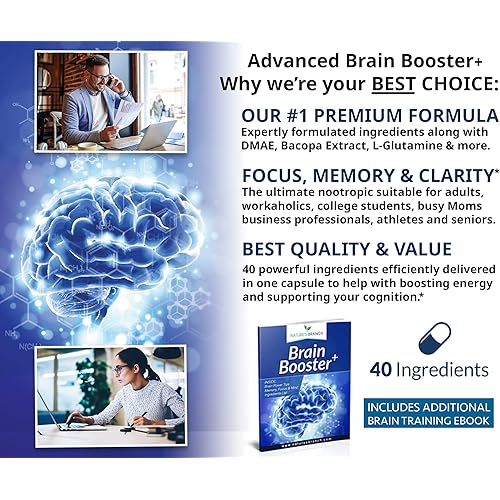 Advanced Brain Booster Supplements - 40 Ingredients Memory Focus & Clarity Vitamins Plus eBook - Boost Energy, Elevate Brain Function Nootropic Power Support with DMAE - 60 Brain Health Formula Pills
