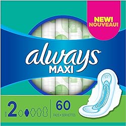 ALWAYS Maxi Size 2 Super Pads With Wings Unscented, 60 Count