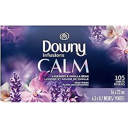 Downy Infusions Fabric Softener Dryer Sheets, Calm, Lavender & Vanilla Bean, 105 count