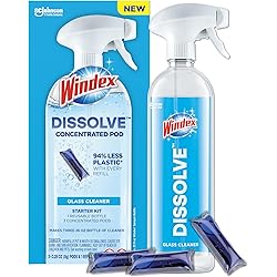 Windex Dissolve Concentrated Pods, Glass Cleaner Starter Kit contains 1 Reusable Bottle, 3 Concentrated Dissolvable Pods