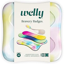 Welly Bandages | Adhesive Flexible Fabric Bravery Badges | Assorted Shapes for Minor Cuts, Scrapes, and Wounds | Colorful and Fun First Aid Tin | Colorwash Tie Dye Patterns - 48 Count