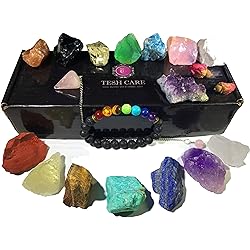 TESH CARE Chakra Therapy Starter Collection 17 pcs Healing Crystals kit, 7 Raw Chakra Stones,7 Colorful Gemstones, Amethyst,Rose Quartz Pendulum,Chakra Lava Bracelet,Dry Roses,Guide,COA,Gift Ready