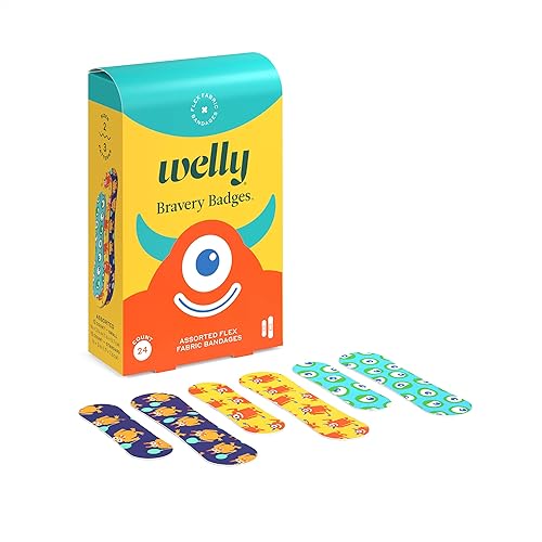Welly Bandages Refill Pack - Bravery Badges, Adhesive Flexible Fabric, Standard Shapes, Monster Patterns - 24 Count, 4 Pack