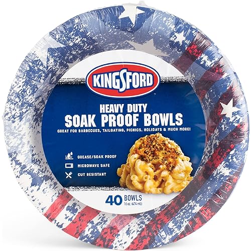 Kingsford Heavy Duty Soak Proof Paper Bowls, 16 oz - 40 Count Paper Bowls for Barbecues, Picnics & Holidays Microwave Safe Disposable Bowls | American Flag Bowls, Patriotic Bowls