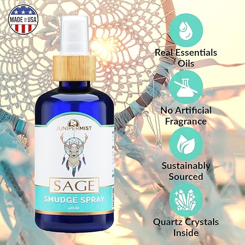 JUNIPERMIST White Sage Spray for Cleansing Negative Energy - Sage Smudge Spray Alternative to Incense Sticks or Bundles - Blessed in Sedona Made with Pure Essential Oils and Real Crystals 4 Fl Oz