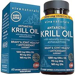 Antarctic Krill Oil 1250 mg, Omega 3 EPA DHA and Astaxanthin, Joint Support and Brain Supplement with Antioxidant Properties, No Fishy Aftertaste, 60 Capsules