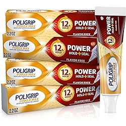 Poligrip Power Max Power Hold Plus Seal Denture Adhesive Cream, Denture Cream for Secure Hold and Food Seal, Flavor Free - 2.2 oz Pack of 4