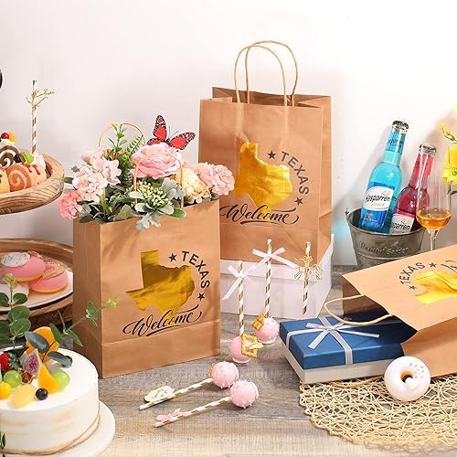 12 Pcs State of Texas Shape Paper Gift Bags with Gold Foil Welcome Shopping Bags Kraft Paper Bags Brown Bags with Handles Party Bags, 8 x 4.75 x 10.25 Inches