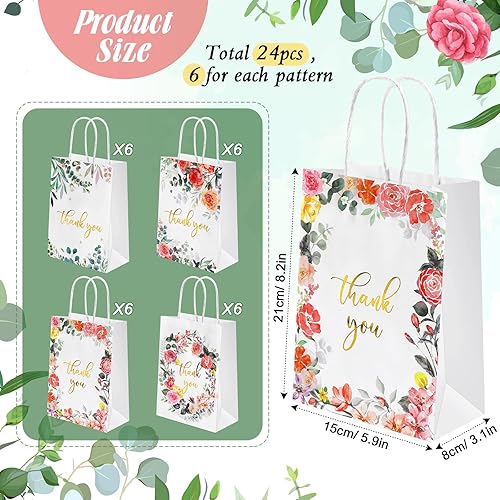 24 Pcs Floral Design Small Thank You Bags with Gold Foiled Printed Thank You Party Bags with Handles White Kraft Paper Bags Party Favor Bags for Wedding Birthday Baby Shower, 8.27 x 5.91 x 3.1 inches