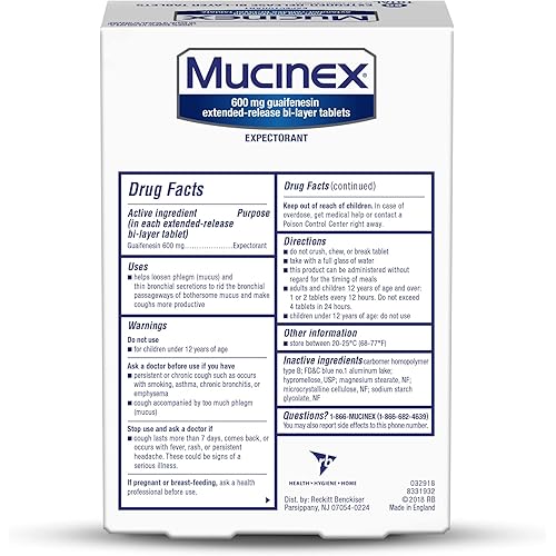 Mucinex 12 Hour Chest Congestion Medicine, Chest Congestion Relief, Expectorant, Lasts 12 Hours, Powerful Symptom Relief, Extended-Release Bi-Layer Tablets, 80 Count