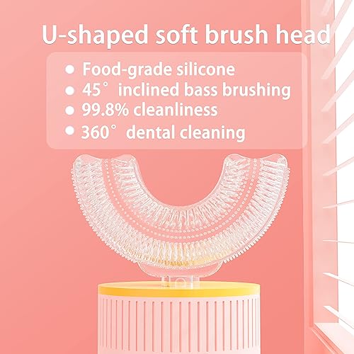 Kids Electric Toothbrush,U Shaped Ultrasonic Automatic Toothbrush Kids with 3 Brush Heads,Whole Mouth Baby Toothbrush,3 Cleaning Modes, IPX7 Water Resistant for Toddler 2-12, Pink