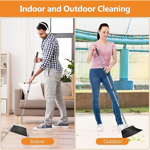 Broom and Dustpan Set, Dust Pan and Broom with Long Handle Heavy Duty Broom Dustpan Combo for Home Kitchen Office Indoor Outdoor Sweeping 55 Inch Broom for Floor Cleaning Standing Dustpan with Teeth