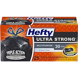 Hefty Ultra Strong Multipurpose Large Trash Bags, Black, Unscented, 30 Gallon, 25 Count Pack of 1