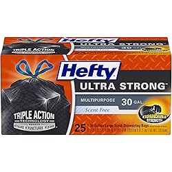 Hefty Ultra Strong Multipurpose Large Trash Bags, Black, Unscented, 30 Gallon, 25 Count Pack of 1