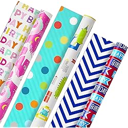 Hallmark Reversible Kids Birthday Wrapping Paper 3 Rolls: 120 sq. ft. ttl. Monsters and Unicorns, Polka Dots, Chevron, Pink, Teal, Blue, Red, Orange, Lime Green